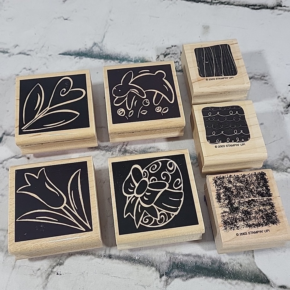 Rubber Stamp Lot Of 7 Blocky‎ Black-Out Style Spring Bunny TRL - Stampin Up